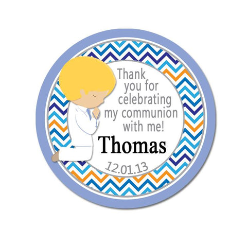 Communion Boy Multi Color Chevron Personalized Communion Favor Sticker