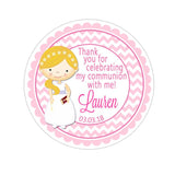 Communion Girl Pink Chevron Pattern Wide Border Personalized Sticker Birthday Stickers - INKtropolis