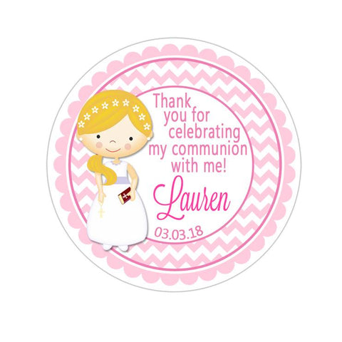 Communion Girl Pink Chevron Personalized Communion Favor Sticker