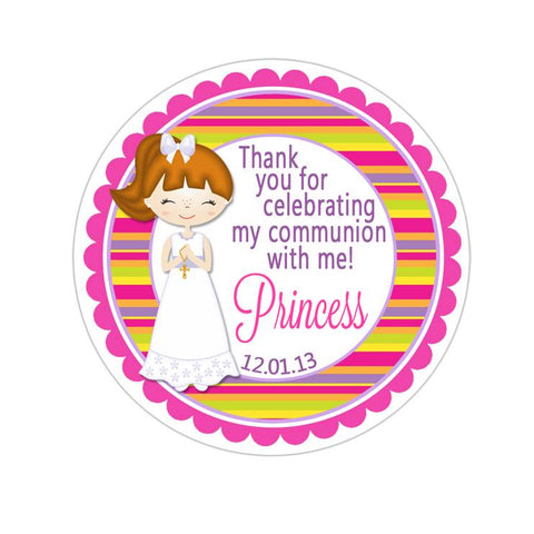 Communion Girl Multi Color Stripes Personalized Communion Favor Sticker