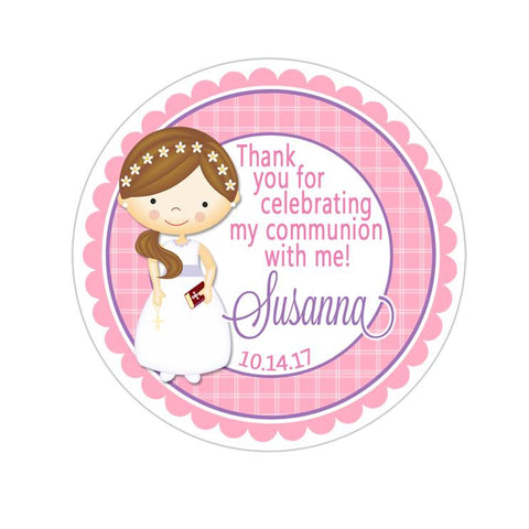 Communion Girl Pink Plaid Personalized Communion Favor Sticker