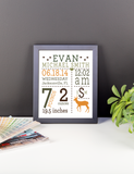 Woodland Deer Baby Birth Stats Wall Art, Nursery Decor, Kids Room, Poster, Print, Framed or Canvas kids room art - INKtropolis