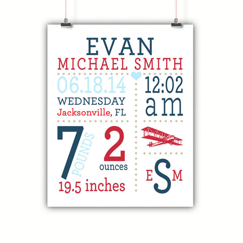 Airplane Baby Birth Stats Personalized Nursery Wall Art - Nursery Decor