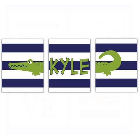 Preppy Alligator Name Nursery Wall Art - Set of 3