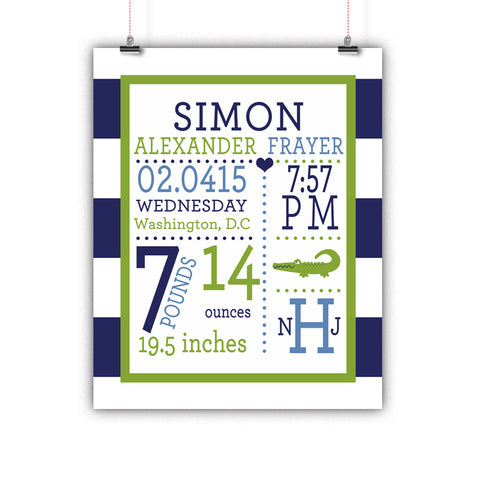 Preppy Alligator Baby Birth Stats Nursery Wall Art