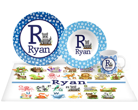 Personalized Boy Animal Alphabet Plate, Bowl, Mug, Placemat Set - Choose Your Pieces