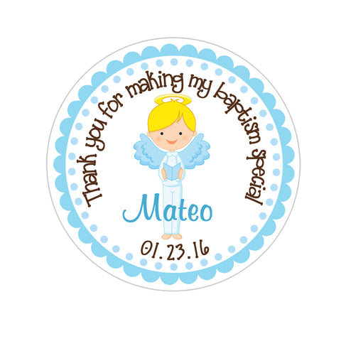Blonde Haired Angel Boy Personalized Baptism Favor Sticker
