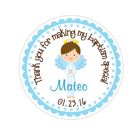 Brunette Haired Angel Boy Personalized Baptism Sticker