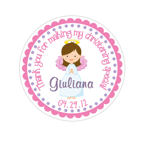 Brunette Haired Angel Girl Praying Personalized Baptism Sticker