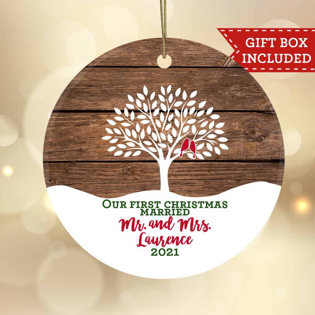 Personalized Our First Christmas Married Ornament - Rustic Tree