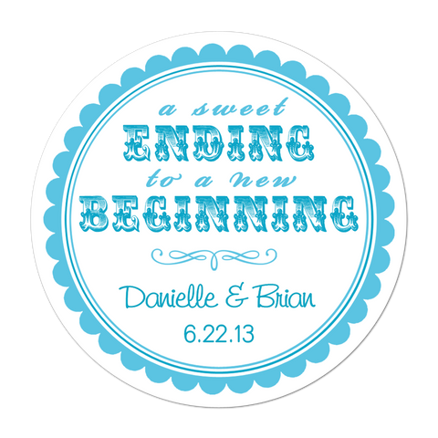 Sweet Ending To A New Beginning Scallop Border Personalized Wedding Favor Sticker
