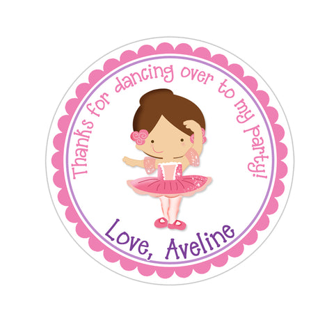 Brunette Ballerina Personalized Birthday Favor Sticker