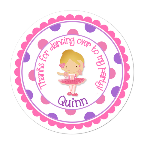 Blonde Haired Ballerina Polka Dot Border Personalized Birthday Favor Sticker