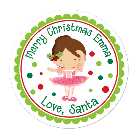 Brunette Mistletoe Ballerina Personalized Christmas Gift Sticker