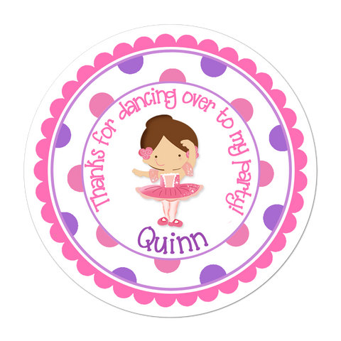 Brunette Haired Ballerina Polka Dot Personalized Birthday Favor Sticker