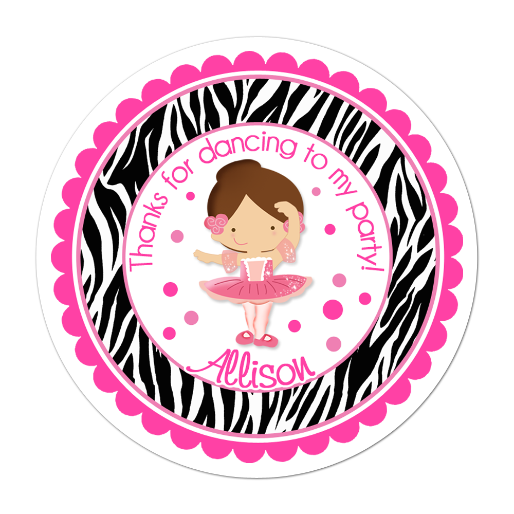 Brunette Haired Ballerina Wide Zebra Print Border Personalized Sticker Birthday Stickers - INKtropolis