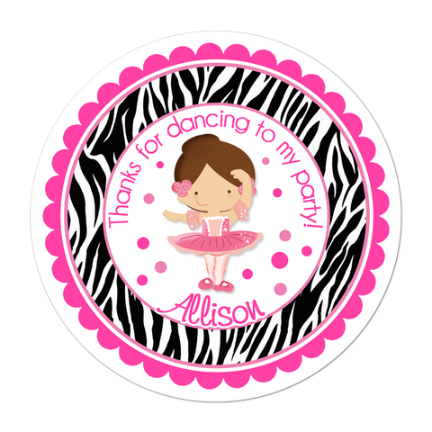 Brunette Haired Ballerina Zebra Print Personalized Birthday Favor Sticker