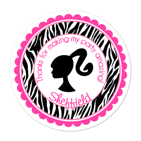 Zebra Print Barbie Personalized Birthday Favor Sticker