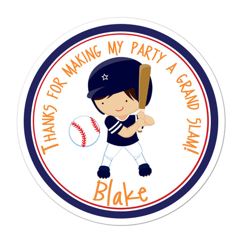Baseball Player In Navy Uniform Personalized Birthday Favor Sticker