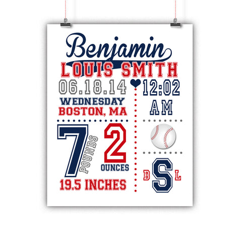 Baseball Baby Birth Stats Nursery Wall Art - Nursery Decor