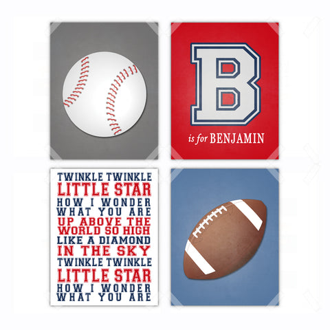Personalized Sports Football Baseball Nursery Wall Art - Set of 4
