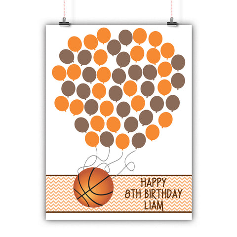 Personalized Birthday Guest Book Alternative - Basketball Balloons - Customized Poster, Print, Framed or Canvas, 50 Signatures
