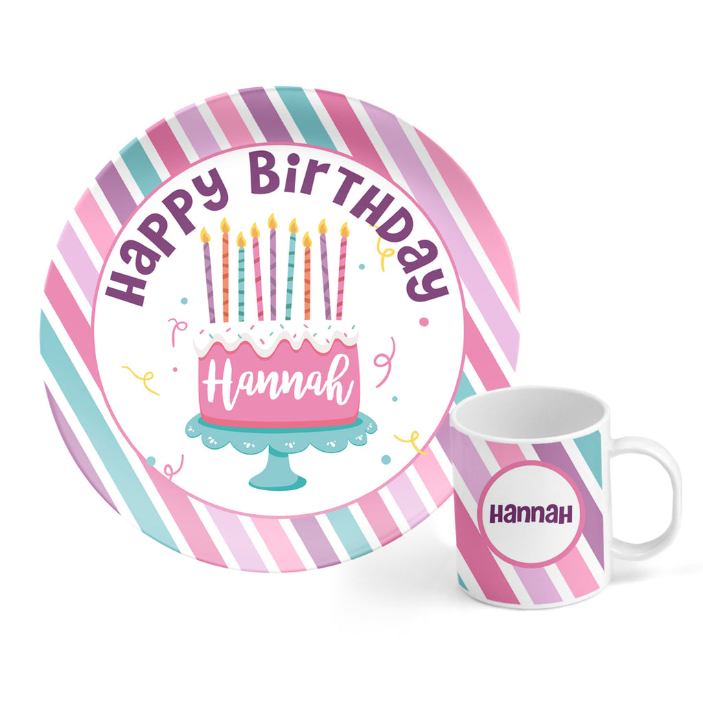 Personalized Girls Happy Birthday Cake Plate and Mug