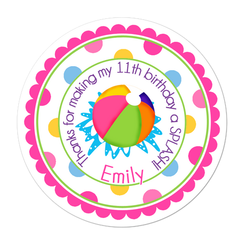 Pink Beach Ball Polka Dot Border Personalized Birthday Favor Sticker