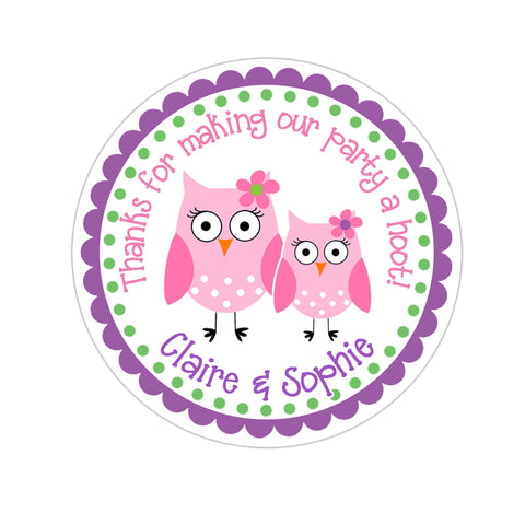 Twin Sister Owls Personalized Birthday Favor Sticker