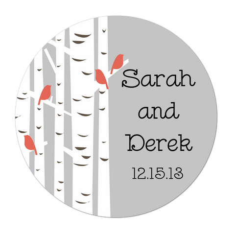 Birch Tree With Birds Personalized Wedding Favor Sticker
