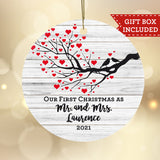 Personalized Our First Christmas as Mr and Mrs Ornament - Love Birds Hearts