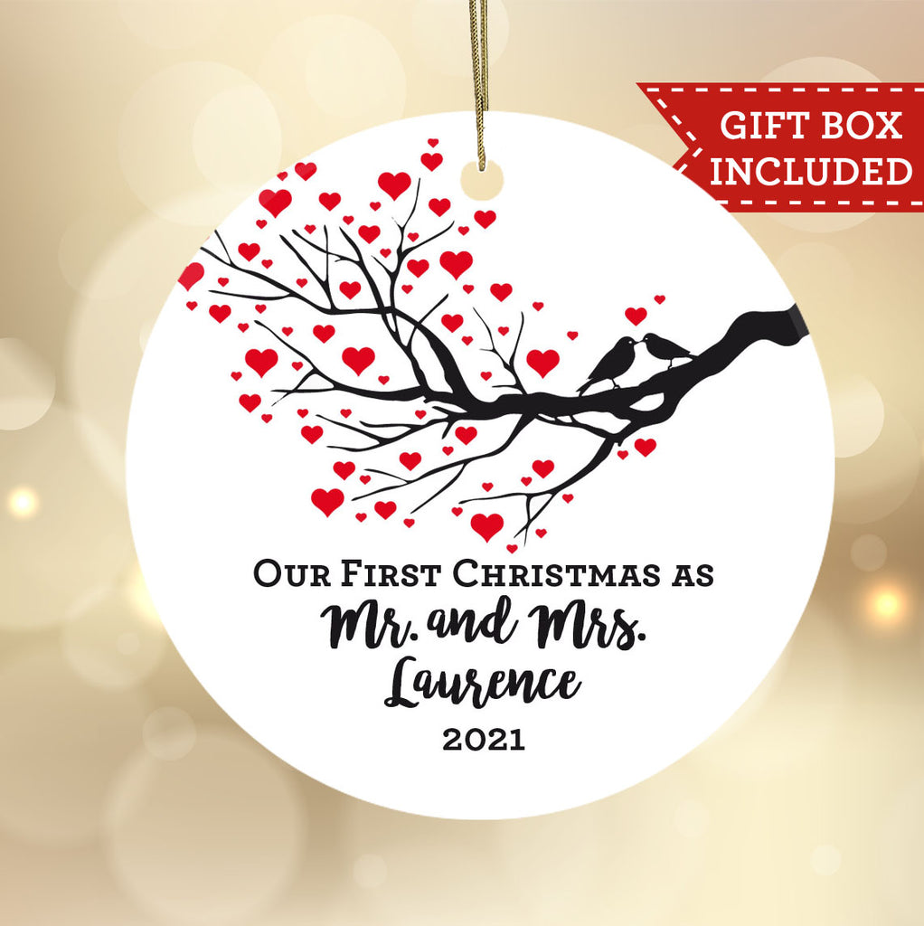 Personalized Our First Christmas as Mr and Mrs Ornament - Love Birds on Branch