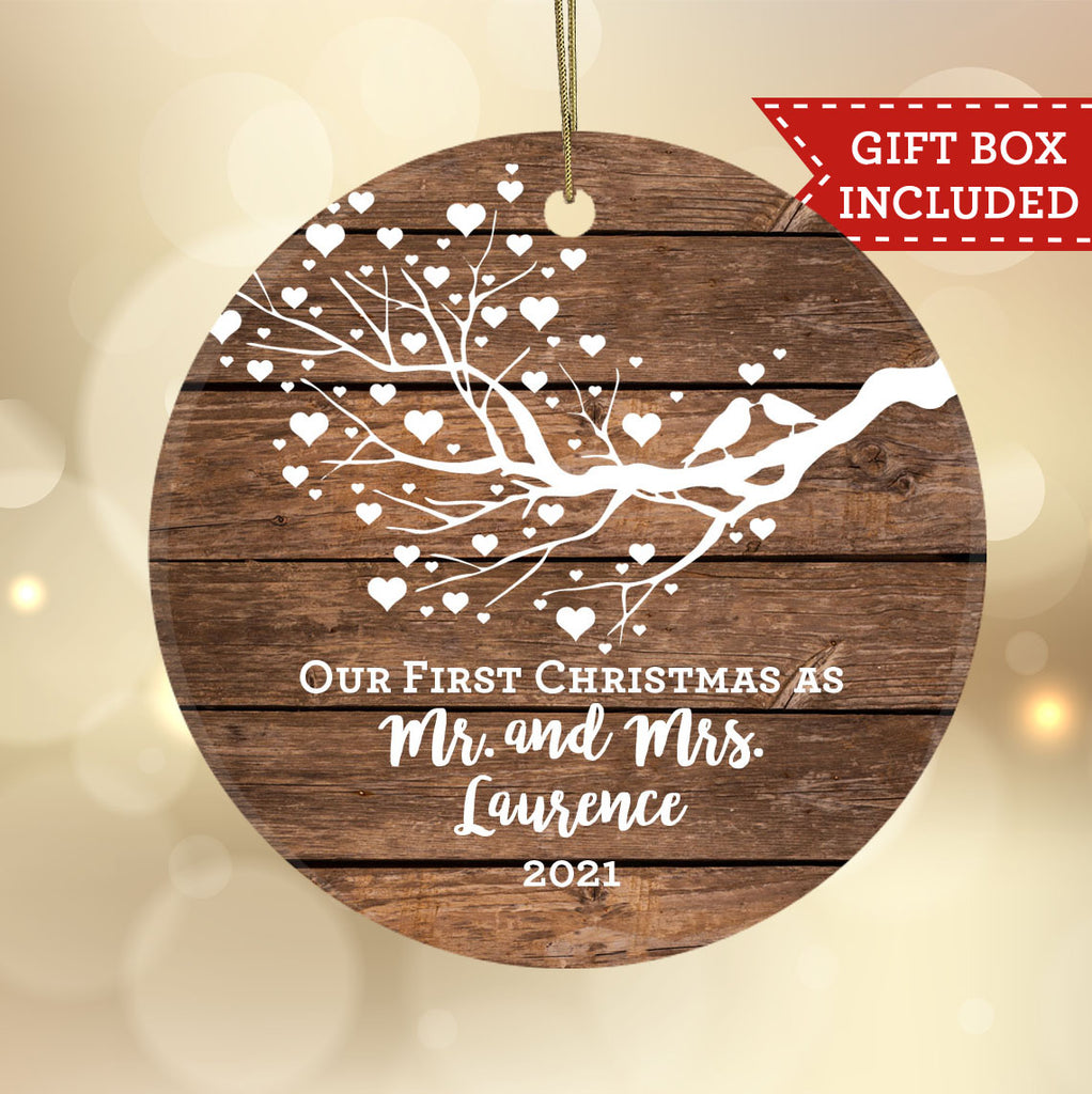 Personalized Our First Christmas as Mr and Mrs Ornament - Rustic Love Birds on Branch