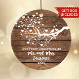 Personalized Our First Christmas as Mr and Mrs Ornament - Rustic Love Birds on Branch