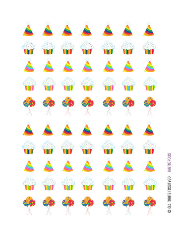 Monthly Planner Stickers Rainbow Birthday Cupcakes Balloons Party Hat Stickers Planner Labels Compatible with Erin Condren Life Planner - 70 Stickers