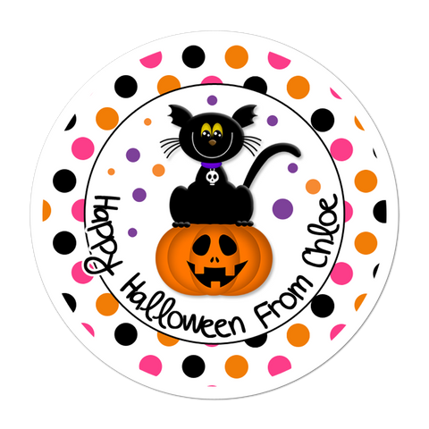 Black Cat On Pumpkin Personalized Halloween Sticker