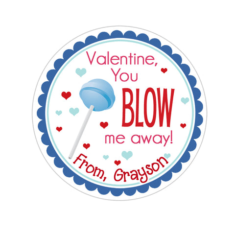 Blue Blow-Pop Blow Me Away Personalized Valentines Day Sticker