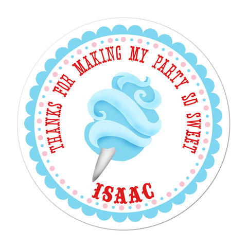 Carnival Blue Cotton Candy Personalized  Birthday Favor Sticker