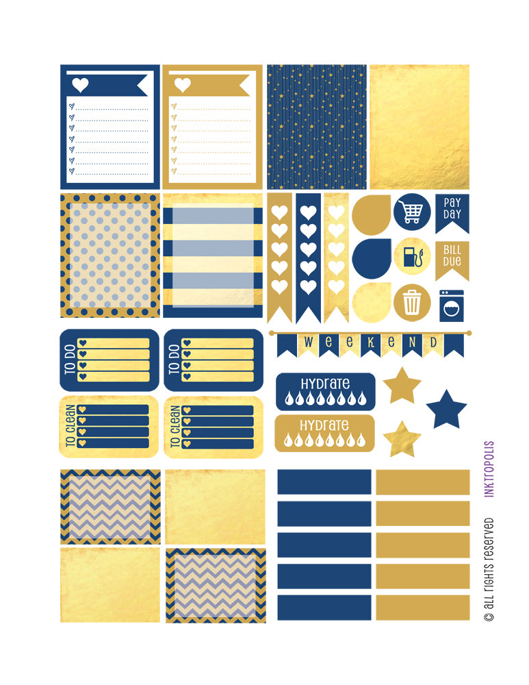 Monthly Planner Stickers Blue and Gold Tone Sampler Stickers Planner Labels Compatible with Erin Condren Vertical Life Planner planner sticker - INKtropolis