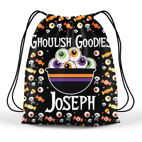 Personalized Halloween Trick Or Treat Bag, Kids Drawstring Bag - Bowl Of Eyeballs