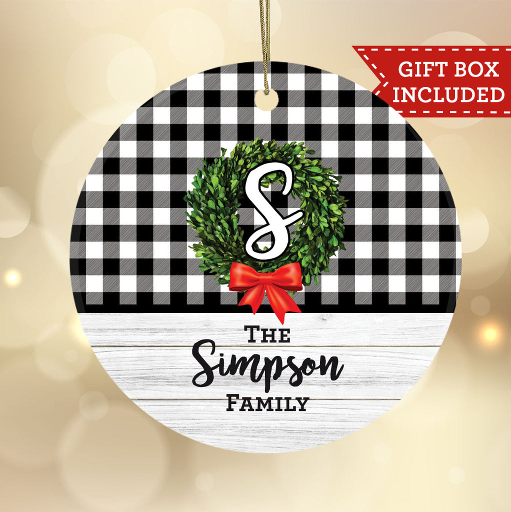 Personalized Farmhouse Monogram Christmas Ornament - Boxwood Wreath