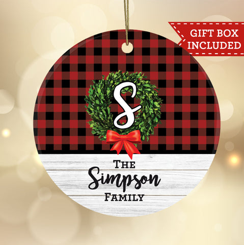 Personalized Farmhouse Rustic Red Buffalo Plaid Monogram Christmas Ornament