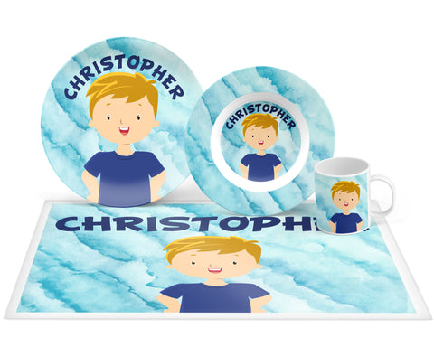 Personalized Custom Boy Character Plate, Bowl, Mug, Placemat Set - Choose Your Pieces