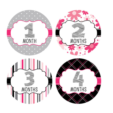 Pink, Gray & Black Monthly Baby Stickers