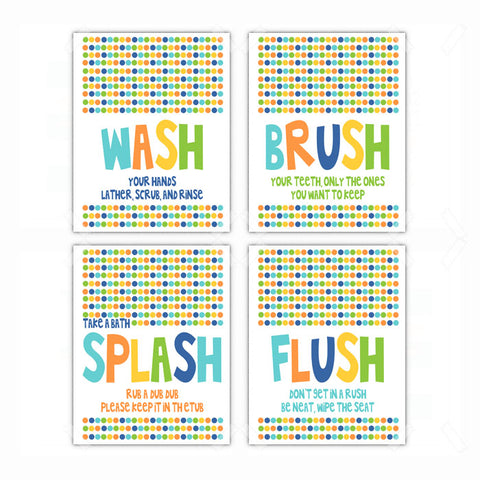 Kids Bathroom Rules Wash Brush Flush Wall Art -  Set of 4