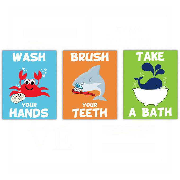 Bathroom Kids Rules Quotes Sayings Wash Brush Bath Poster, Print, Framed or Canvas - Set of 3 bathroom art - INKtropolis