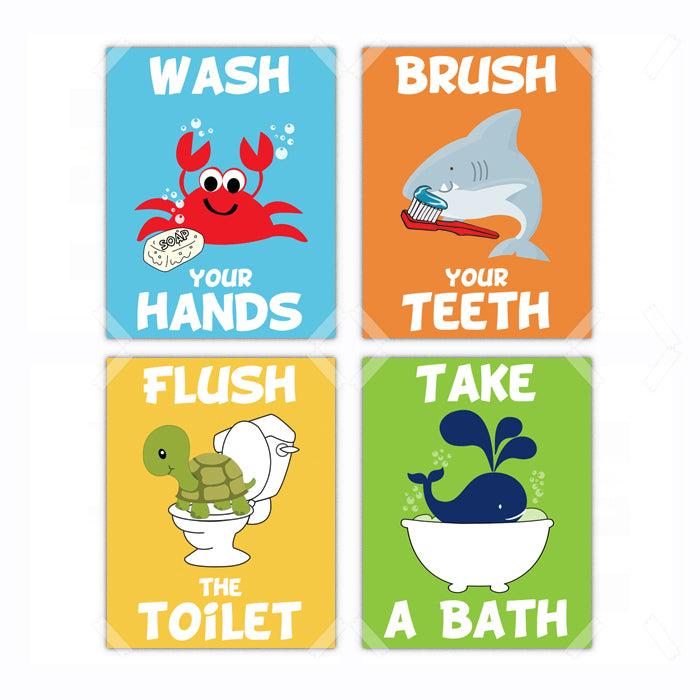 Bathroom Kids Rules Wash Brush Flush Bath Poster, Print, Framed or Canvas - Set of 4 bathroom art - INKtropolis