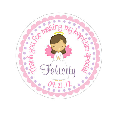 Brunette Haired Angel Personalized Baptism Favor Sticker