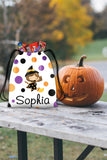 Personalized Halloween Trick Or Treat Bag, Kids Drawstring Bag - Brunette Witch