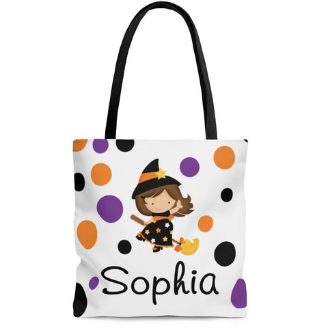 Personalized Halloween Trick Or Treat Bag, Kids Halloween Tote Bag - Brunette Witch